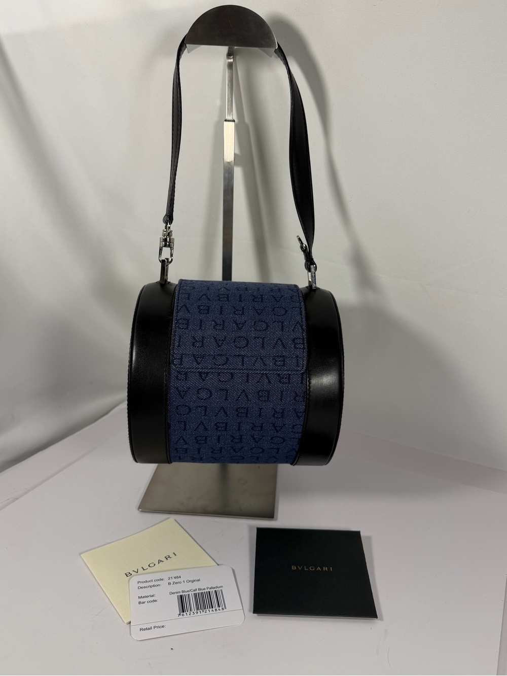3080: Bvlgari B.Zero1 Logomania Denim Leather Cylinder Shoulder Bag Blue Black